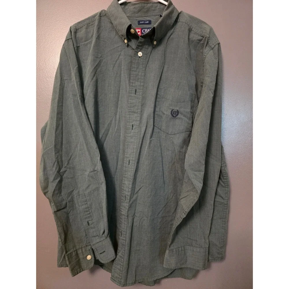 Chaps Mens XL Easy Care Button Down Shirt Green Micro Stripe Long Sleeve Pocket